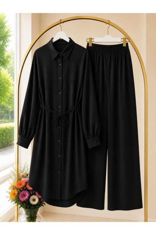 Kadın Uzun Tunik Detaylı Pantolon Takım -0500 (tunik 120 cm pantolon 100 cm )