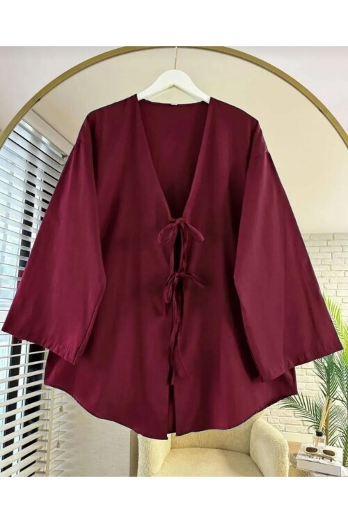 Önü Bağlamalı Kimono Tunik Bordo Oversize Yeni Sezon Rahat Kalıp Önü Baglamalı