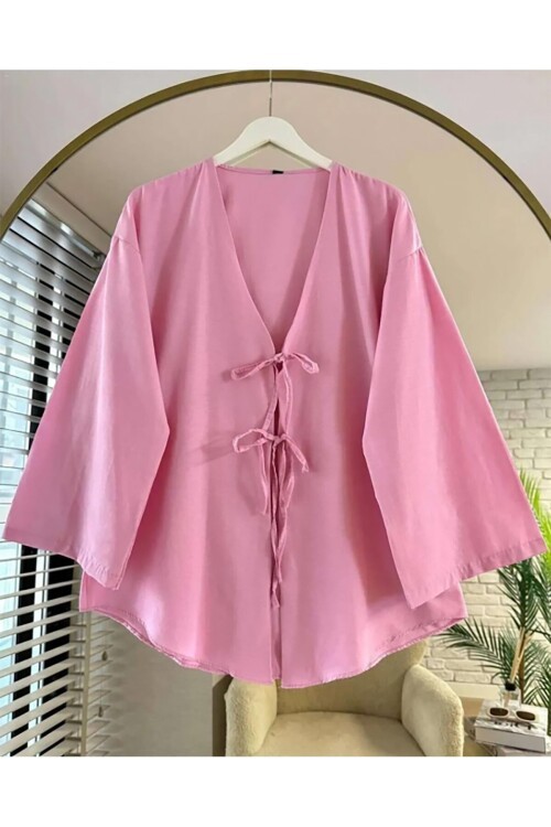 Önü Baglamalı Pembe Kimono Tunik