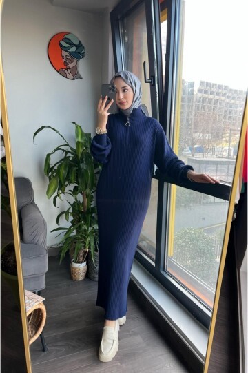 Fermuarlı Fitilli Triko Elbise