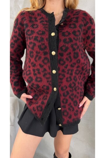 Kadın Bordo Leopar Desenli şardonlu Hırka
