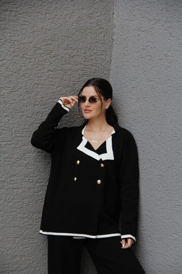 Kadın Siyah 2 Oversize Kruvaze Hırka Pantolon Takım Akrilik Triko