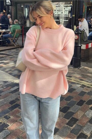 Pembe Bisiklet Yaka Oversize Triko Kadın Kazak