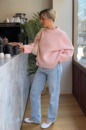 Pembe Bisiklet Yaka Oversize Triko Kazak Mg1972