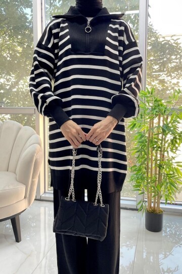 Balon Kol Çizgili Yarım Fermuarlı Siyah Kadın Triko Ikili Takım