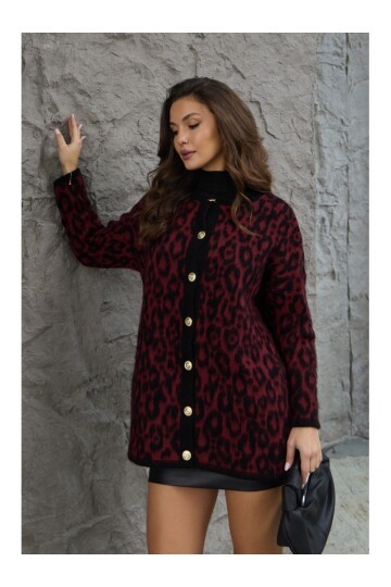 Bordo Siyah Leopar Yün Efekt Hırka