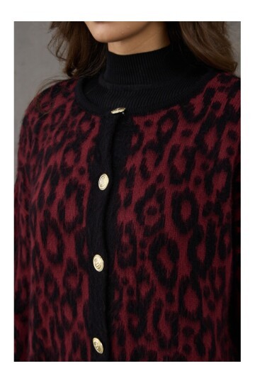 Bordo Siyah Leopar Yün Efekt Hırka
