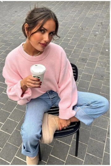 Pembe Bisiklet Yaka Oversize Triko Kadın Kazak