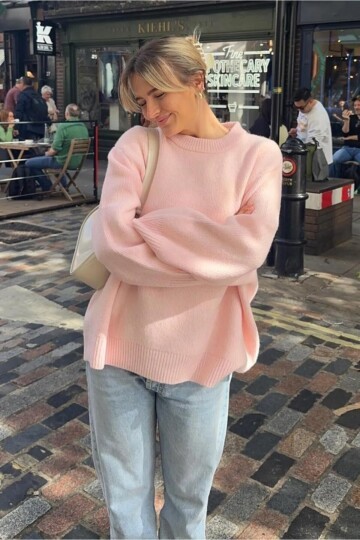 Pembe Bisiklet Yaka Oversize Triko Kazak Fmoda1972